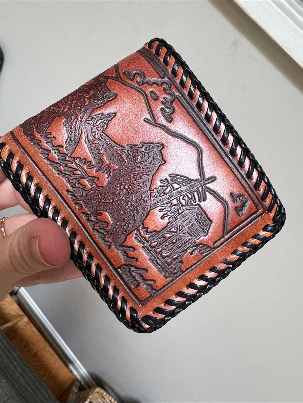 Hand-Tooled Brown Leather Men's Wallet with Western Carved Design